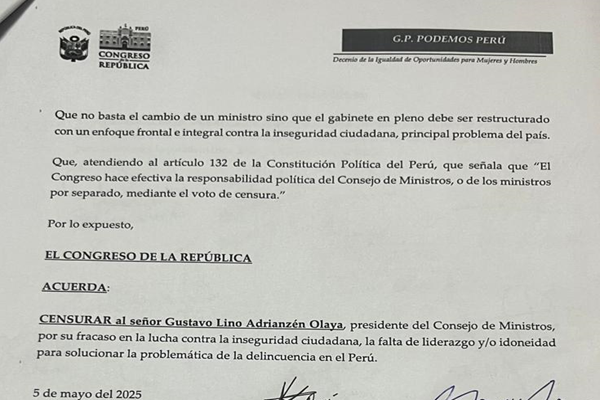 Podemos Perú presenta moción censura contra Gustavo Adrianzén