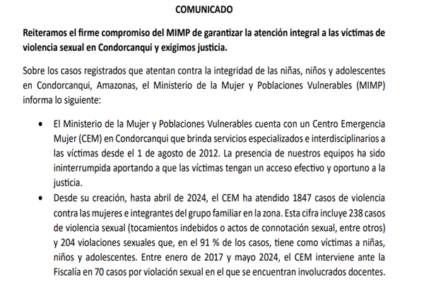 Comunicado: Ministerio de la Mujer